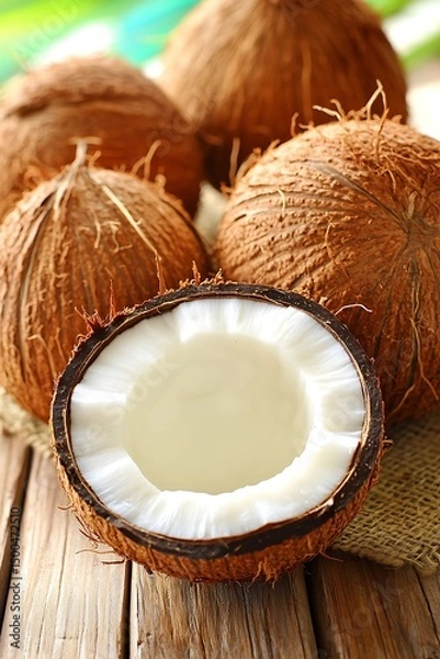 Fototapeta Coconuts on rustic wooden surface, open revealing white flesh and water