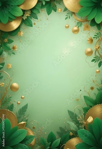 Fototapeta Elegant botanical frame with green leaves and golden adornments background