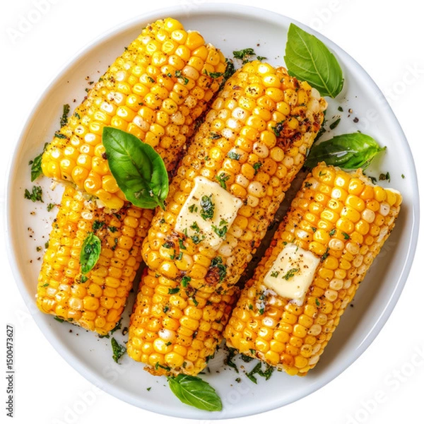 Fototapeta Grilled Corn On The Cob With Butter And Fresh Basil. Summer BBQ Staple, Simple And 
