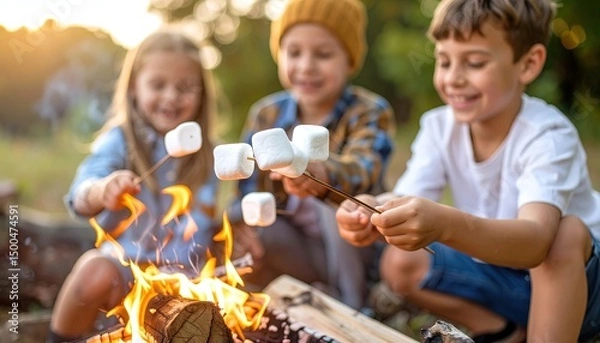 Fototapeta Kids roasting marshmallows campfire.