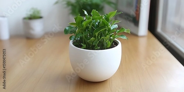 Fototapeta Green plant in white pot sits peacefully on a light wood table
