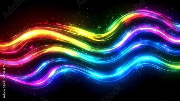 Fototapeta Vibrant spectrum light trails on black, creating dynamic waves illusion