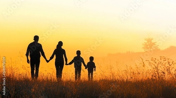 Fototapeta A family of four walking together in a field at sunset, holding hands, with a golden sky and tall grass in the foreground.