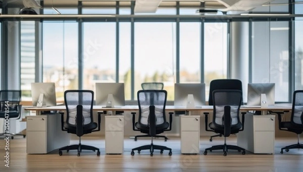 Fototapeta A modern office background features sleek desks, ergonomic chairs, and a large window letting in natural light, with no people visible in the scene.
