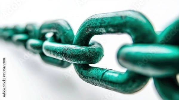 Fototapeta A green chain with a green metal link in the foreground and a white background.