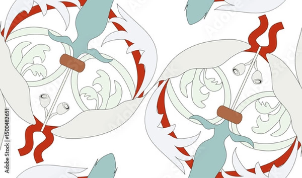 Obraz Hand-painted stylized leaves and fruits in a seamless vector pattern reminiscent of Old Russian paintings.