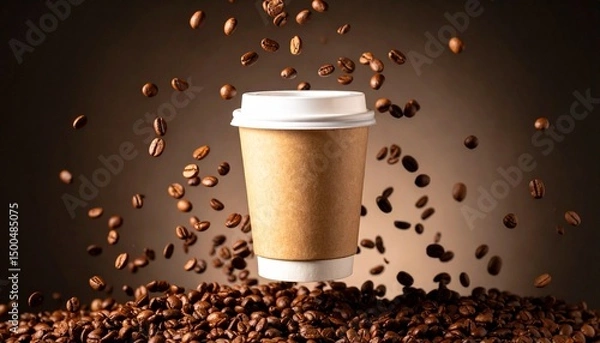 Fototapeta A close-up view of a paper coffee cup as roasted coffee beans fall from above, scattering around the cup on the table surface, capturing a warm, aromatic, and dynamic moment in rich detail
