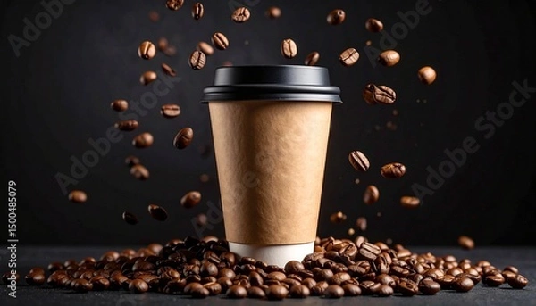 Fototapeta A close-up view of a paper coffee cup as roasted coffee beans fall from above, scattering around the cup on the table surface, capturing a warm, aromatic, and dynamic moment in rich detail