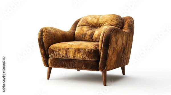 Fototapeta Vintage worn armchair with distressed fabric, isolated on a clean white background
