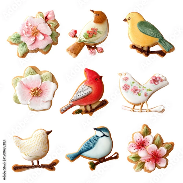 Fototapeta Colorful decorative cookies shaped like birds.