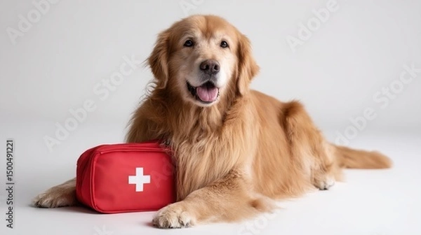 Fototapeta Golden retriever holding red first aid kit in mouth on white background, symbol of pet emergency care