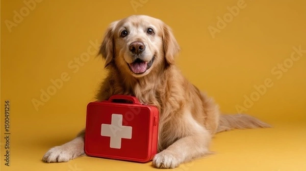 Fototapeta Golden retriever holding red first aid kit in mouth on y ellow background, symbol of pet emergency care