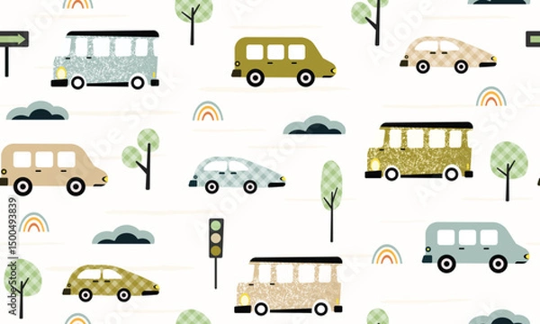Obraz kids car transportation seamless pattern, different transportations, cloud, trees, check, grunge effect, creative, childish seamless pattern