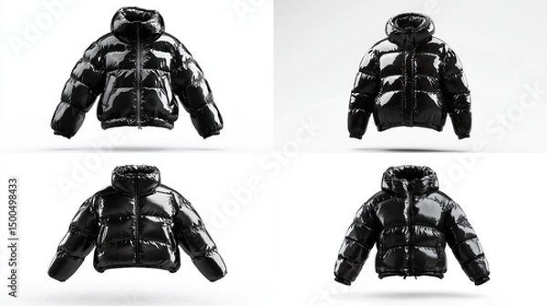 Fototapeta Four views of a black, shiny, quilted puffer jacket with a hood, shown against a white background, highlighting its glossy texture and boxy silhouette