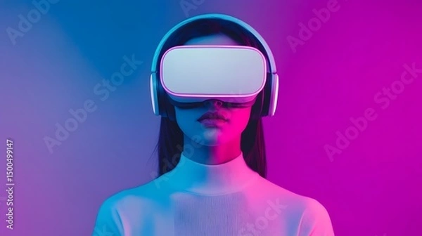 Fototapeta Young woman wearing virtual reality headset in a vibrant digital environment.