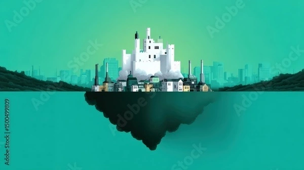 Fototapeta a castle floating above a polluted city where the workers live