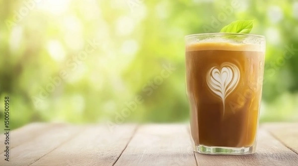 Fototapeta Refreshing iced coffee drink with heart pattern.