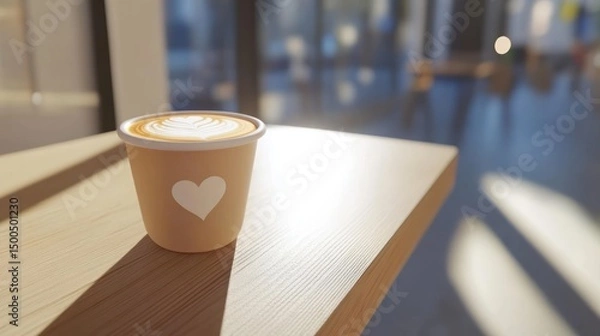 Fototapeta A disposable coffee cup with latte art on a wooden table.