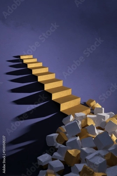 Fototapeta a staircase where the top steps are made of gold and the bottom steps are broken, focused lighting