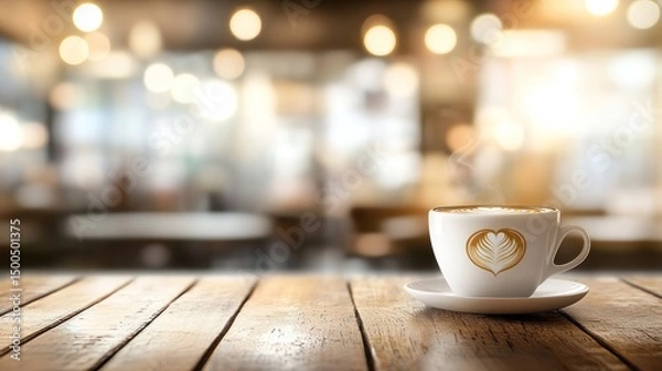 Fototapeta Warm latte art on wooden surface in a cafe.