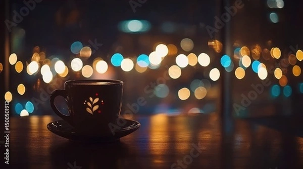 Fototapeta A night view of a coffee cup on a table.