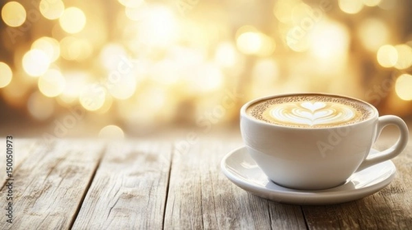 Fototapeta Warm beverage on a wooden surface, bathed in golden light.