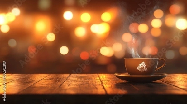 Fototapeta Warm cup of coffee on wooden table, illuminated by night lights.