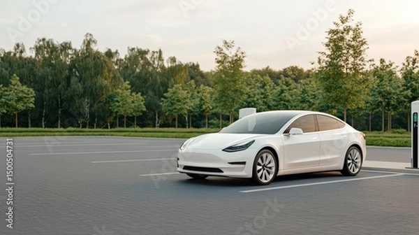 Fototapeta White electric car charging at a station near a green area, promoting sustainable transportation and eco-friendly practices