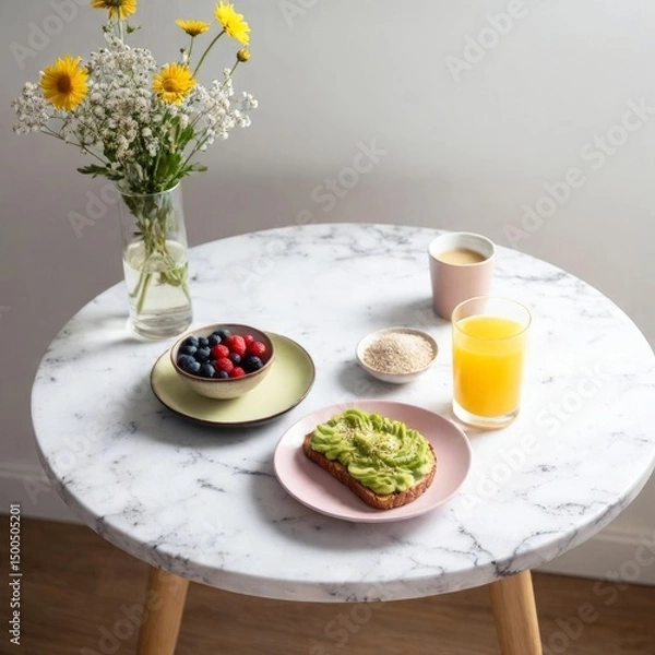 Fototapeta a healthy breakfast setup on a white marble table