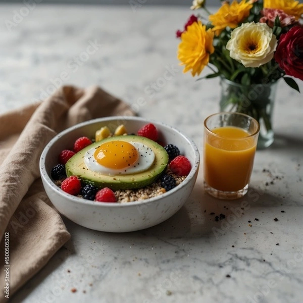 Obraz a healthy breakfast setup on a white marble table
