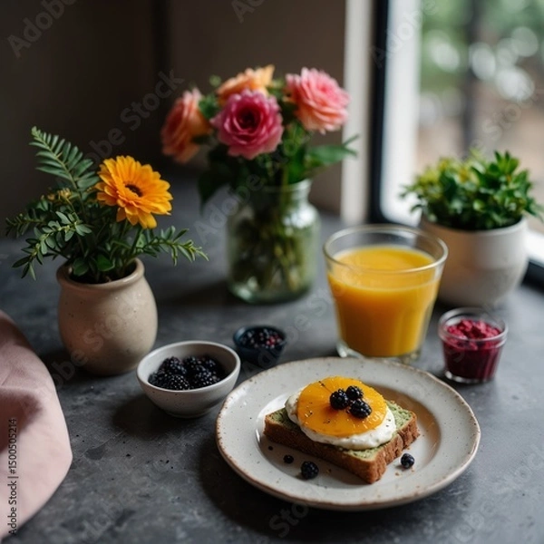 Fototapeta a healthy breakfast setup on a white marble table