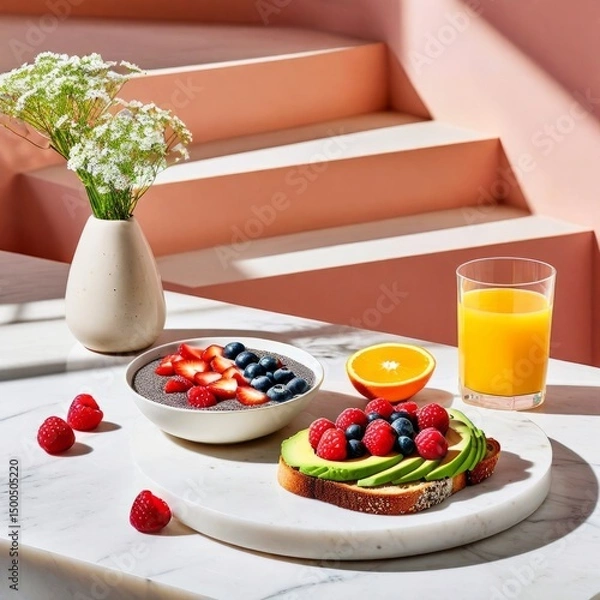 Obraz a healthy breakfast setup on a white marble table