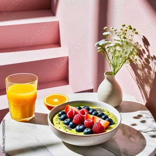 Obraz a healthy breakfast setup on a white marble table