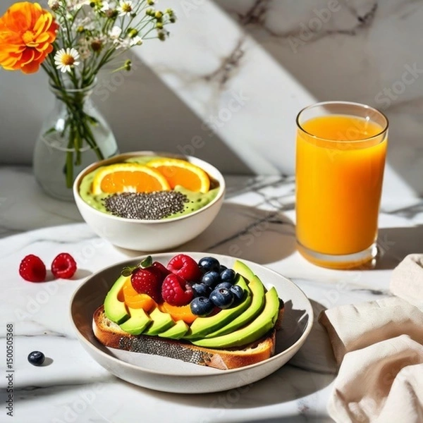 Obraz a healthy breakfast setup on a white marble table