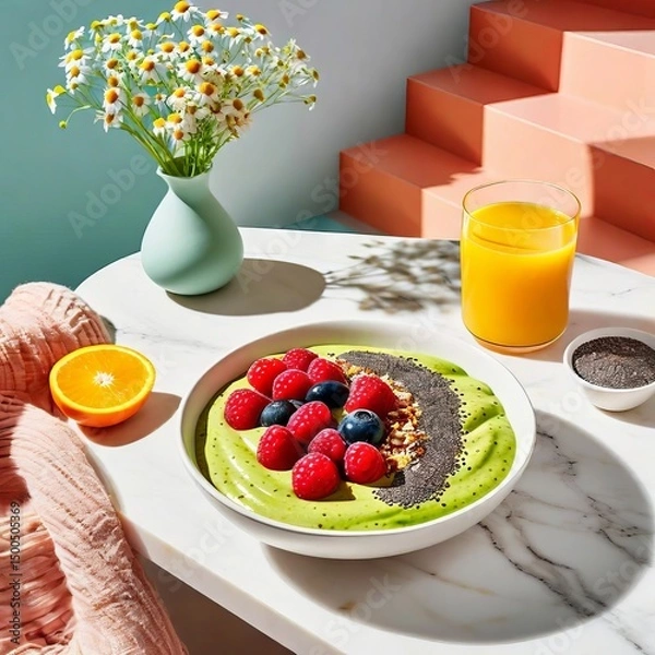 Obraz a healthy breakfast setup on a white marble table