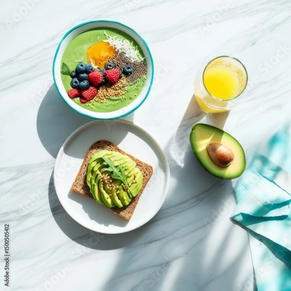 Obraz a healthy breakfast setup on a white marble table