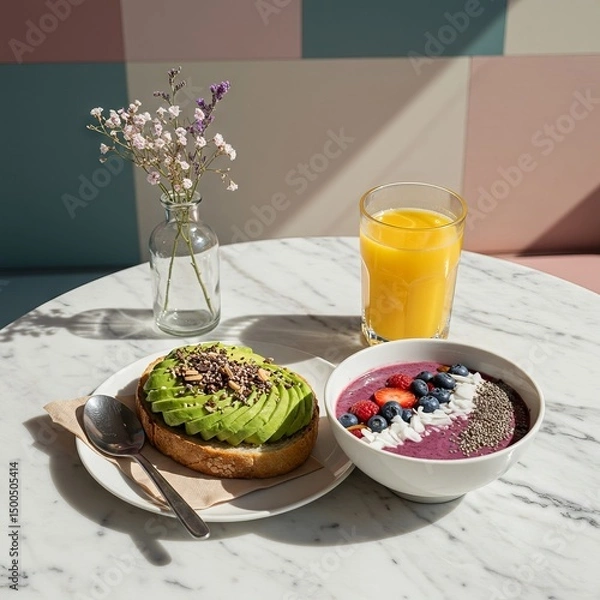 Fototapeta a healthy breakfast setup on a white marble table