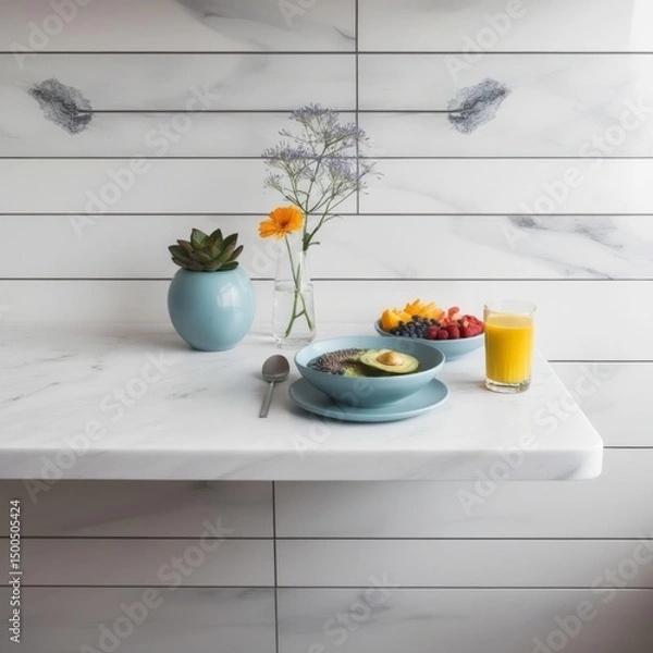Fototapeta a healthy breakfast setup on a white marble table