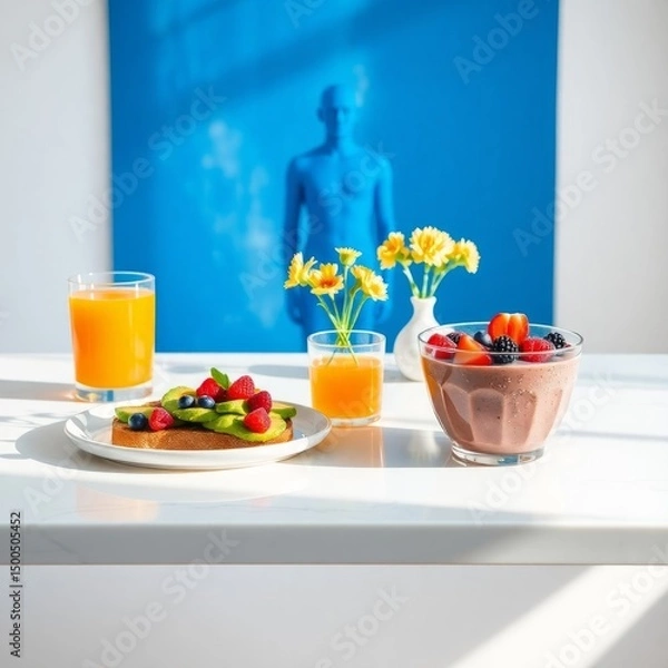 Obraz a healthy breakfast setup on a white marble table