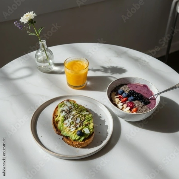 Obraz a healthy breakfast setup on a white marble table