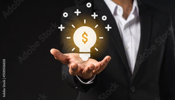 Obraz A businessman presents a glowing lightbulb with a dollar sign, symbolizing innovative financial ideas and success.