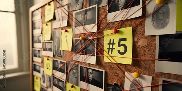 Obraz Detective Evidence Board with Photos, Fingerprints, and Red Strings