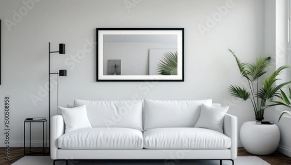 Fototapeta A white room with a white couch and a white wall with a black frame