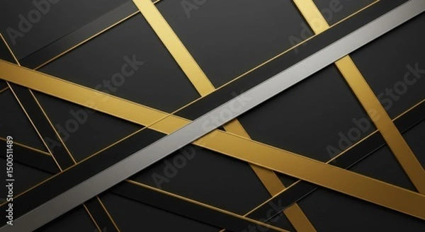 Fototapeta A clean and minimalistic pattern of straight lines intersecting at irregular angles with selected segments enhanced by gold and silver metallic effects