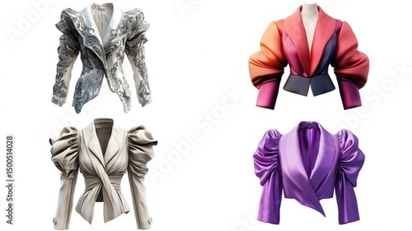 Fototapeta Four 3D-rendered women's jackets; two neutral, two colorful; all feature dramatic, voluminous puffed sleeves and asymmetrical wrap closures; different textures suggested
