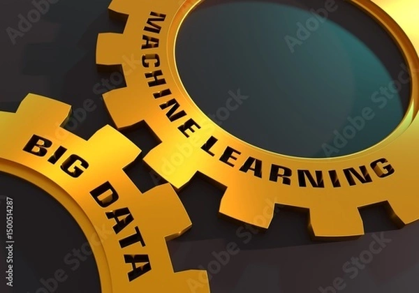 Fototapeta Deep learning, Machine learning and big data concept. Text on the mechanism of gears. 3D render