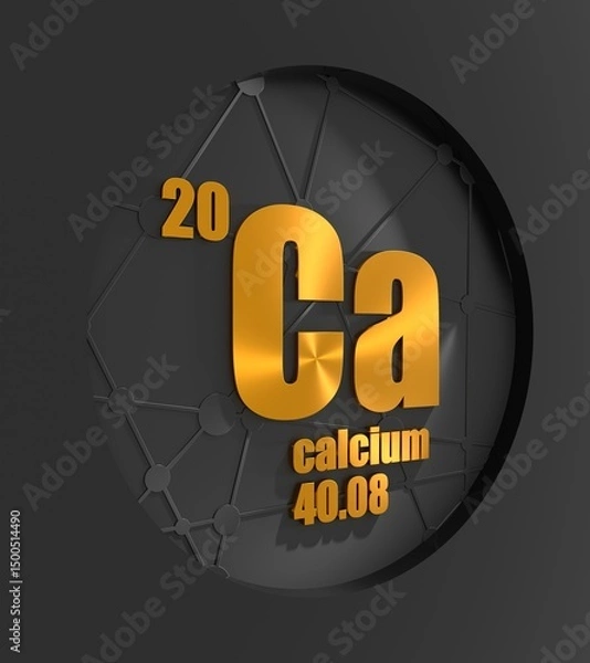 Obraz Calcium chemical element. Sign with atomic number and atomic weight. Chemical element of periodic table. Connected lines with dots. Circle frame. 3D render