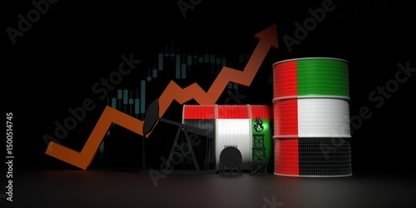 Fototapeta Increase of oil production and consumption concept. Oil barrels with United Arab Emirates national flag. Growth arrow and financial stock market chart. 3D render
