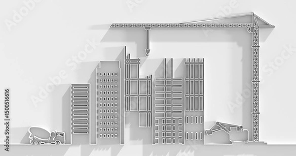 Fototapeta Urban construction innovative skyscrapers currently under development and planning. Tower crane on residential building construction. Construction site. Modern townhome building. 3D render