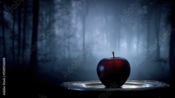 Obraz Enchanted Forest: A Dark Red Apple on a Silver Plate
